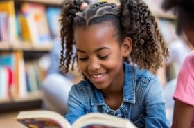 Preschool girl reading a book in the school library