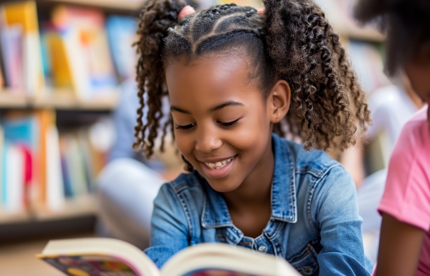 Preschool girl reading a book in the school library