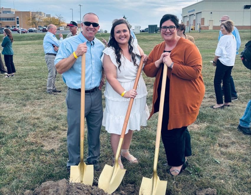 New Horizon Academy Iowa Area Director, Assistant Director, and Southwest Health CEO at Platteville groundbreaking event for New Horizon Academy Southwest Health partnership