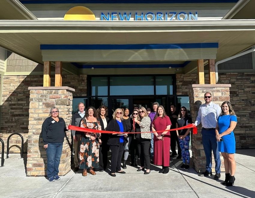 New Horizon Academy ribbon cutting ceremony event at brand-new location in Thornton, Colorado with Thornton Chamber of Commerce members and school leadership team